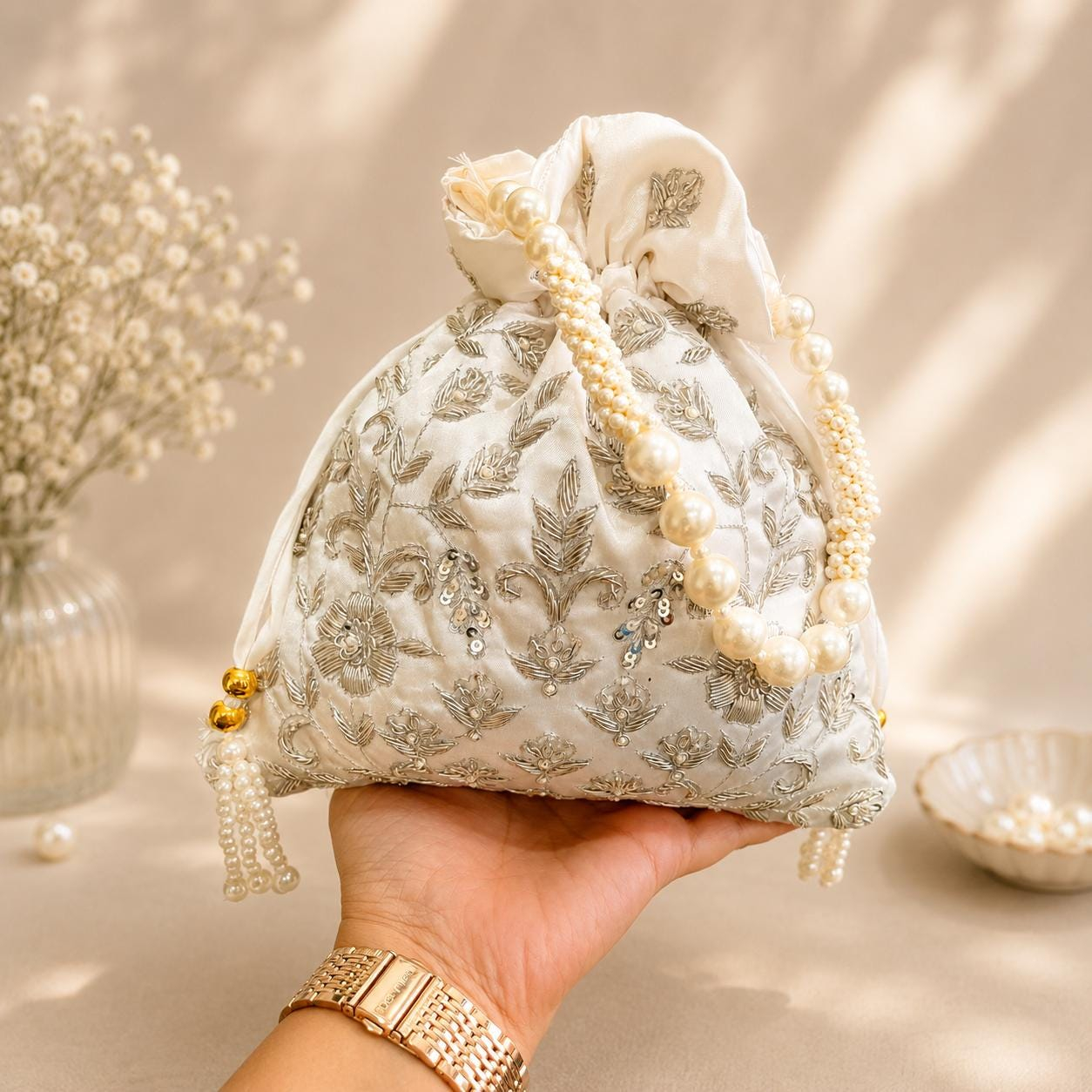Dark Green Floral Embroidered Potli Bag